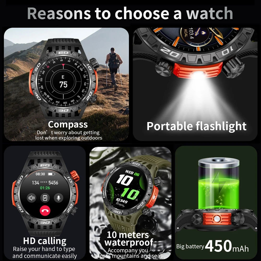 Outdoor Military Smart Watch Men's With LED lighting Bluetooth Call Smartwatch 3ATM IP68 Waterproof Compass Sports Fitness Watch
