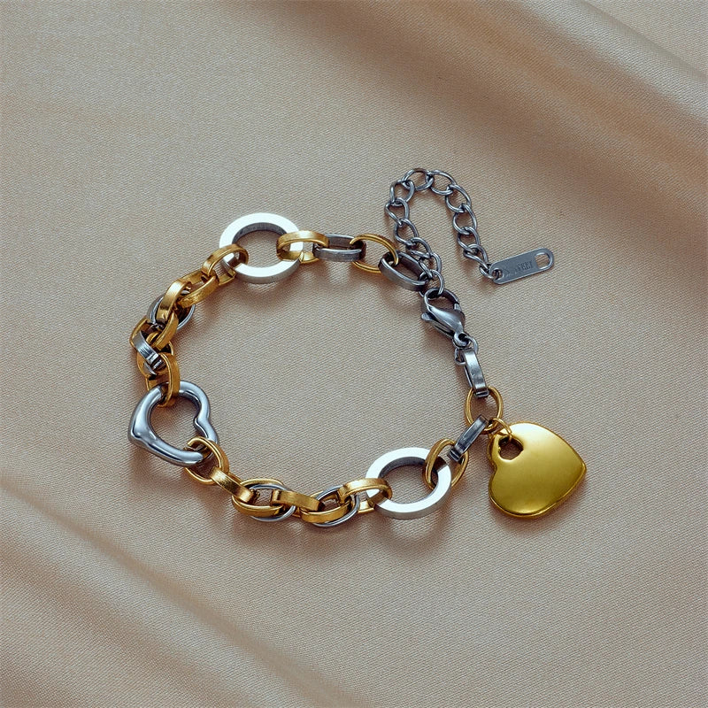 DIEYURO 316L Stainless Steel Heart Charm Bracelet For Women Hip Hop Street Trend Girls Wrist Jewelry Fashion Party Wedding Gifts