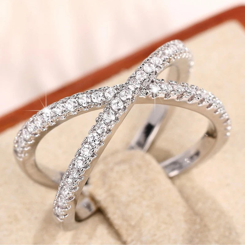 Simple Stylish Cross Shape Cubic Zirconia Rings for Women Fashon Female Finger Accessory Wedding Bands Statement Jewelry