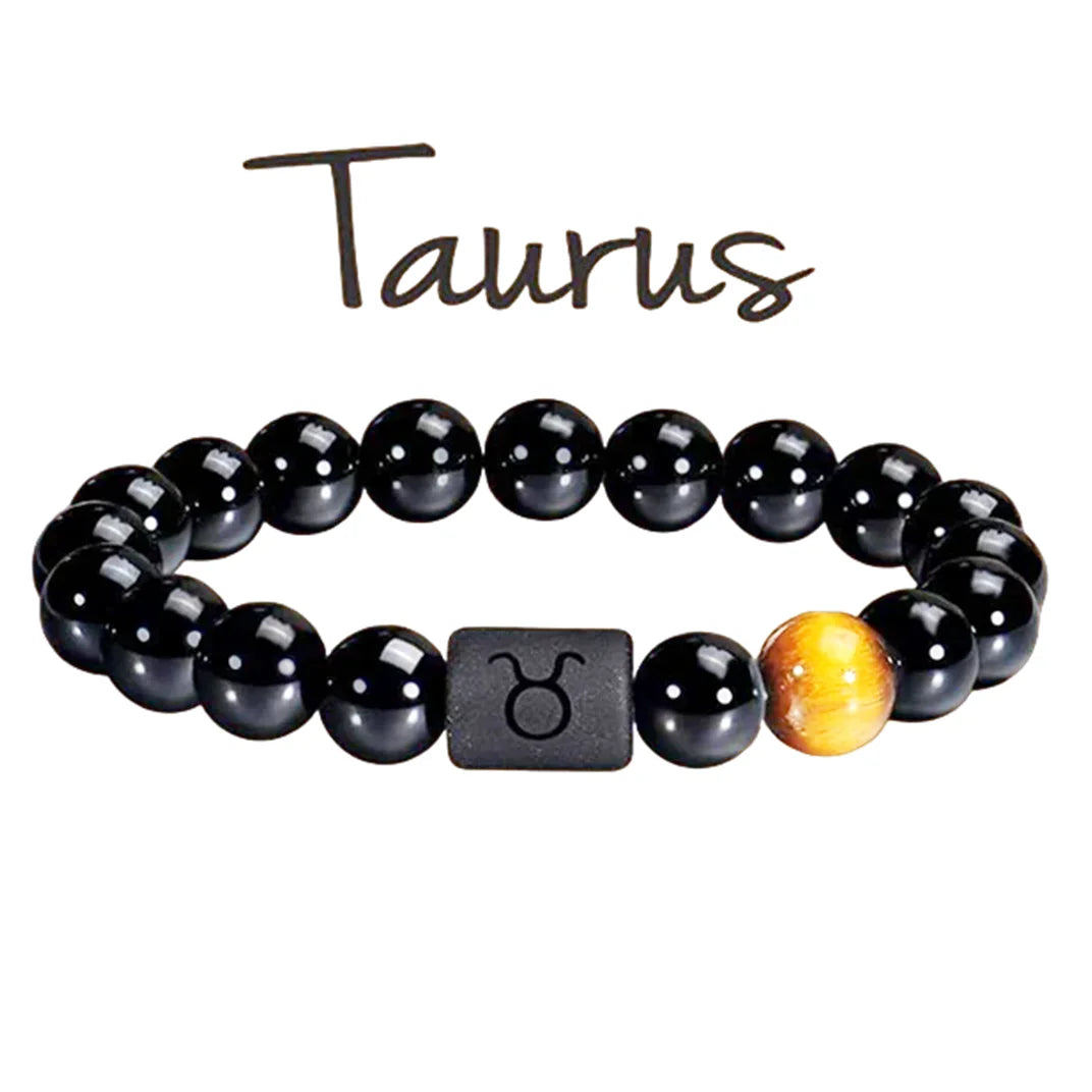FTCY 10mm Zodiac Yellow Tiger Eye Stone Bracelet for Men Women Black Agate Crystal Elastic Cord Hand Chains Couple’s Jewelry