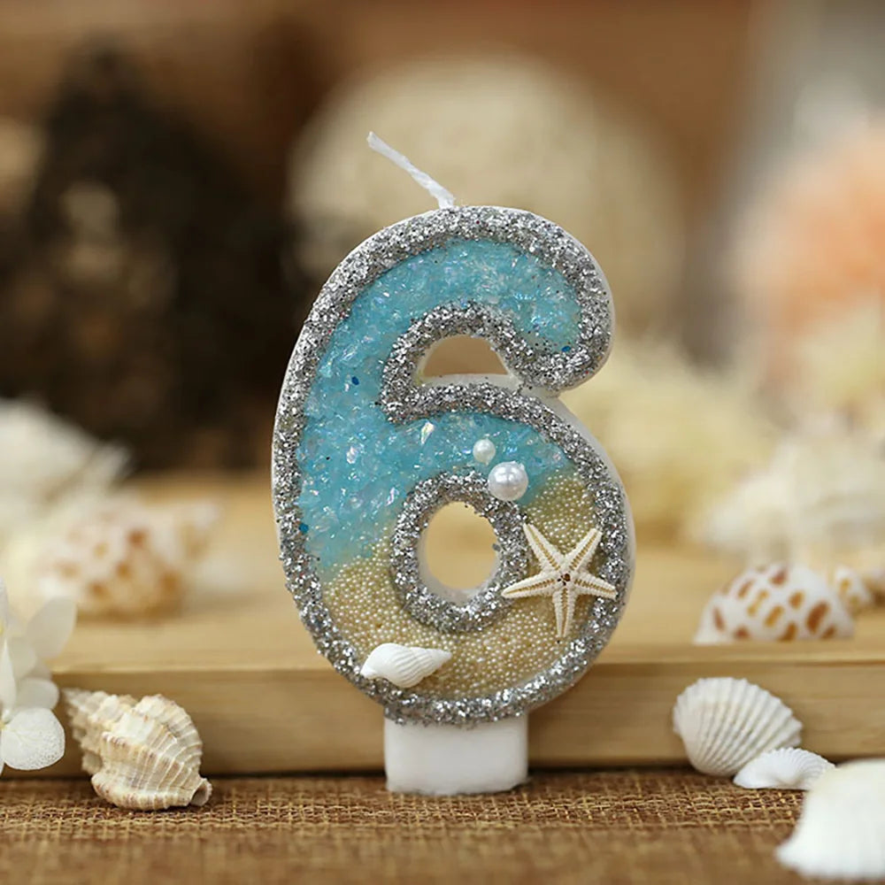 3inch Birthday Candle Large Number 4 Candle Marine style Beach Starfish Seashells Cake Topper for Kids Birthday Party Decoration