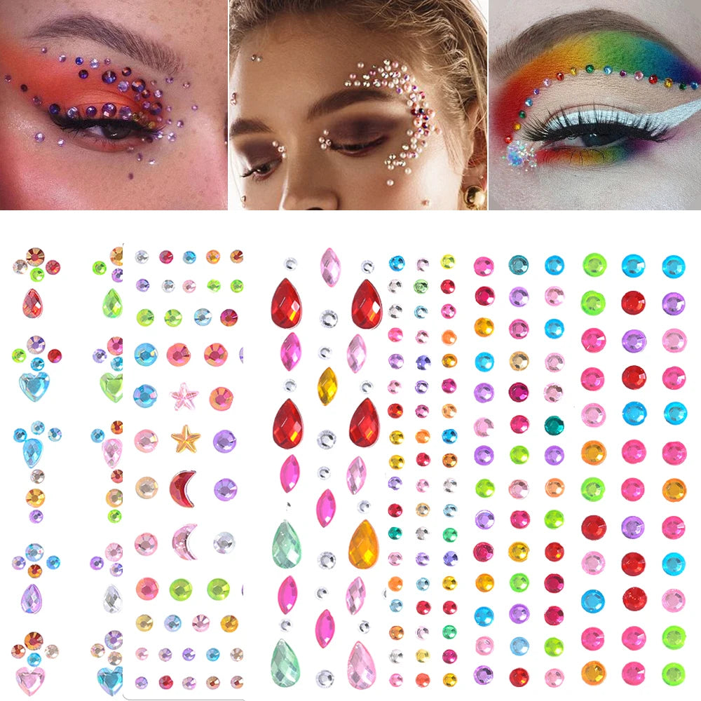 3D Face Eyes Party Makeup Tattoo Sticker Acrylic Diamond Rhinestones Sticker Self-adhesive Mixed Crystal Face Decoration Sticker
