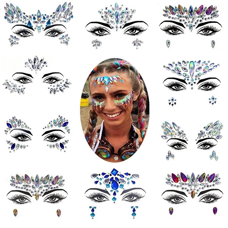 3D Rhinestone Bright Face stickers for festival Glitter Makeup Jewelry Sticker on Face crystals Gems jewels diamonds decoration