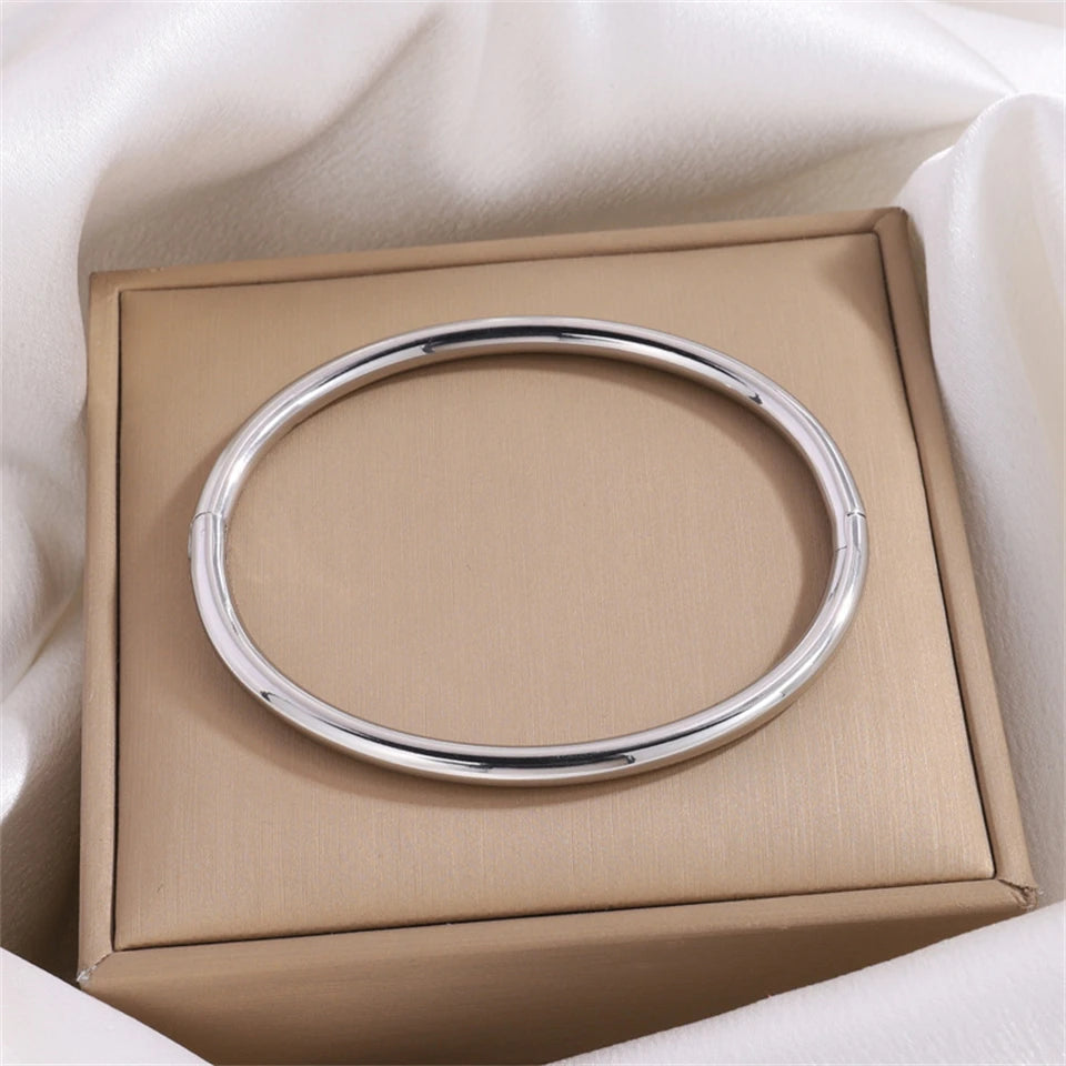 Yupsk Glossy Gold Color Stainless Steel Cuff Bangle for Women Smooth Thin Cylinder Bracelet Exquisite Waterproof Jewelry Gift