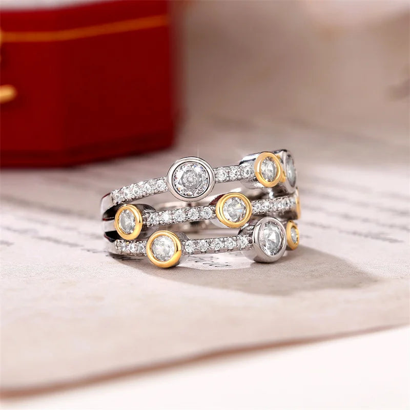 Personality Two Tone Three Line Rings Women Full Paved CZ Sparkling Female Wedding Bands Rings Modern Fashion New Jewelry