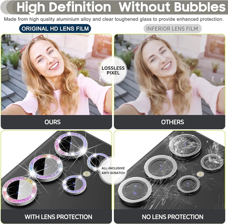 Glitter Diamond Camera Lens Protector For Samsung Galaxy S25 Ultra S25Plus S24Ultra S23 22Ultra Metal Ring Tempered Glass Cover