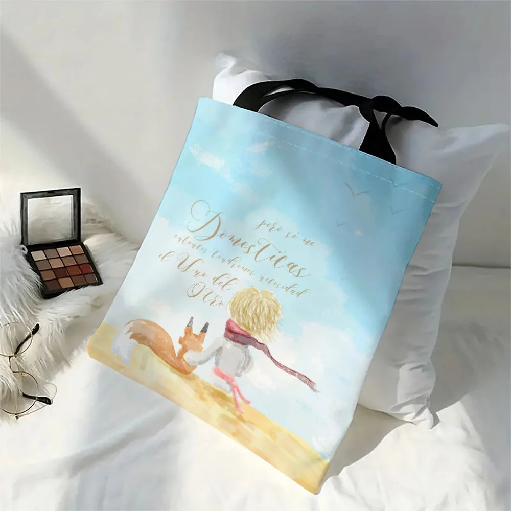 Linen Bag The Little Prince Series Print Lightweight Shoulder Bag Versatile Shopping Bag Holder Handbag
