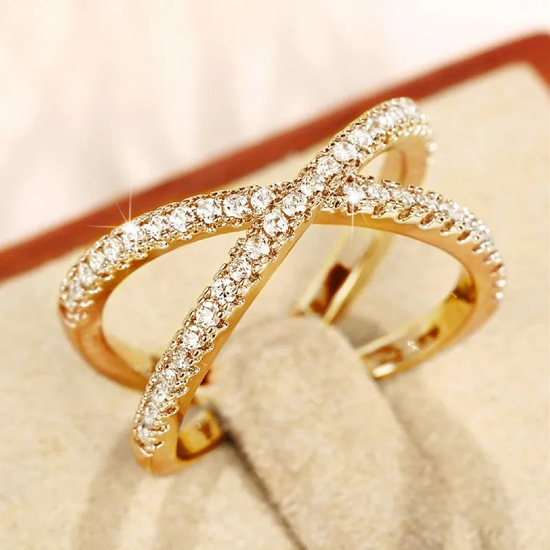 Simple Stylish Cross Shape Cubic Zirconia Rings for Women Fashon Female Finger Accessory Wedding Bands Statement Jewelry