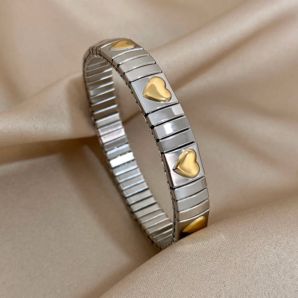 AENSOA Vintage Elasticity Stainless Steel Bangles Bracelet for Women Classic Heart Square Adjustable Wristband Waterproof Bangle