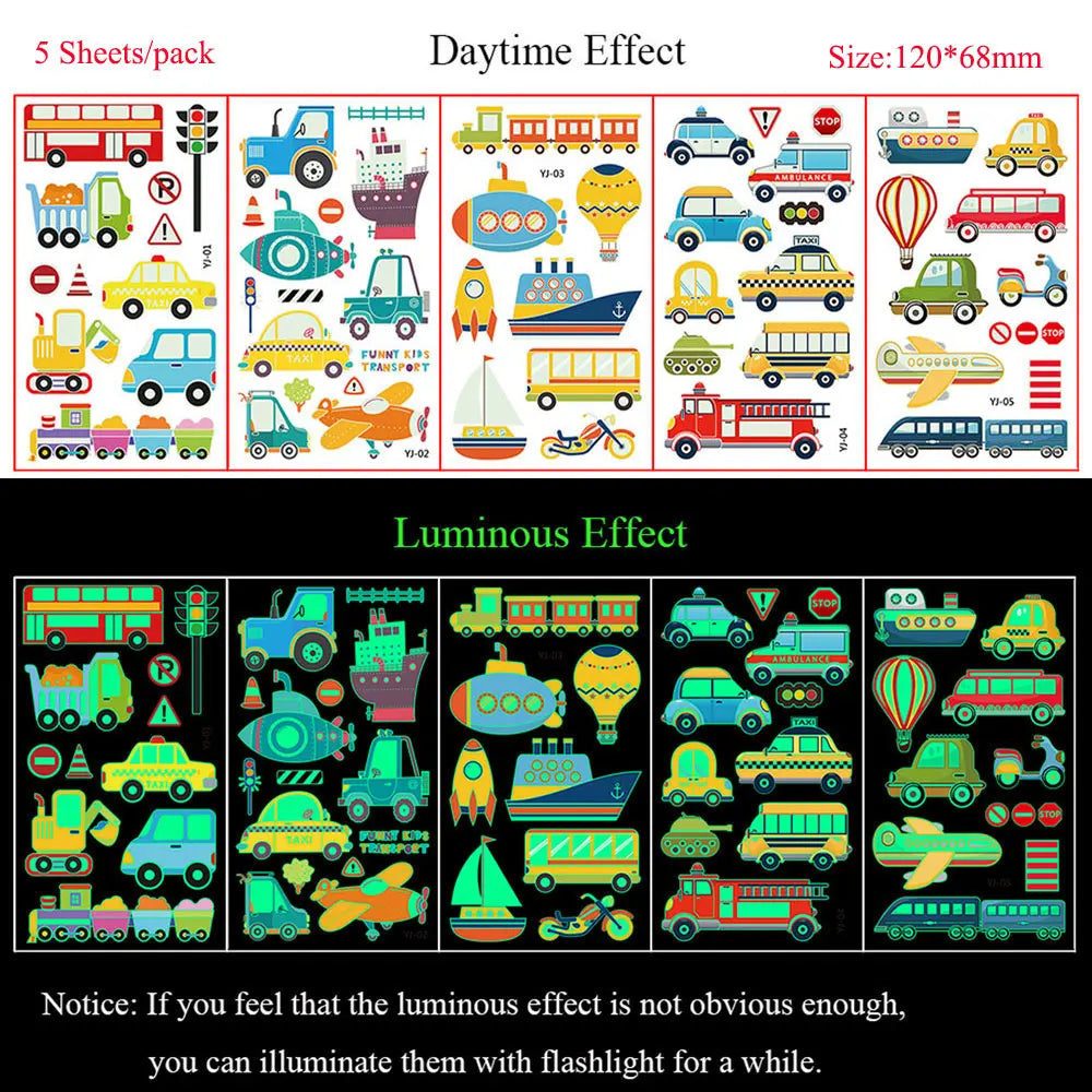 5 Sheets Luminous Tattoo Stickers Temporary Colorful Animal Dinosaur Tattoo Cute Tattoo Stickers Children's Body Tatto