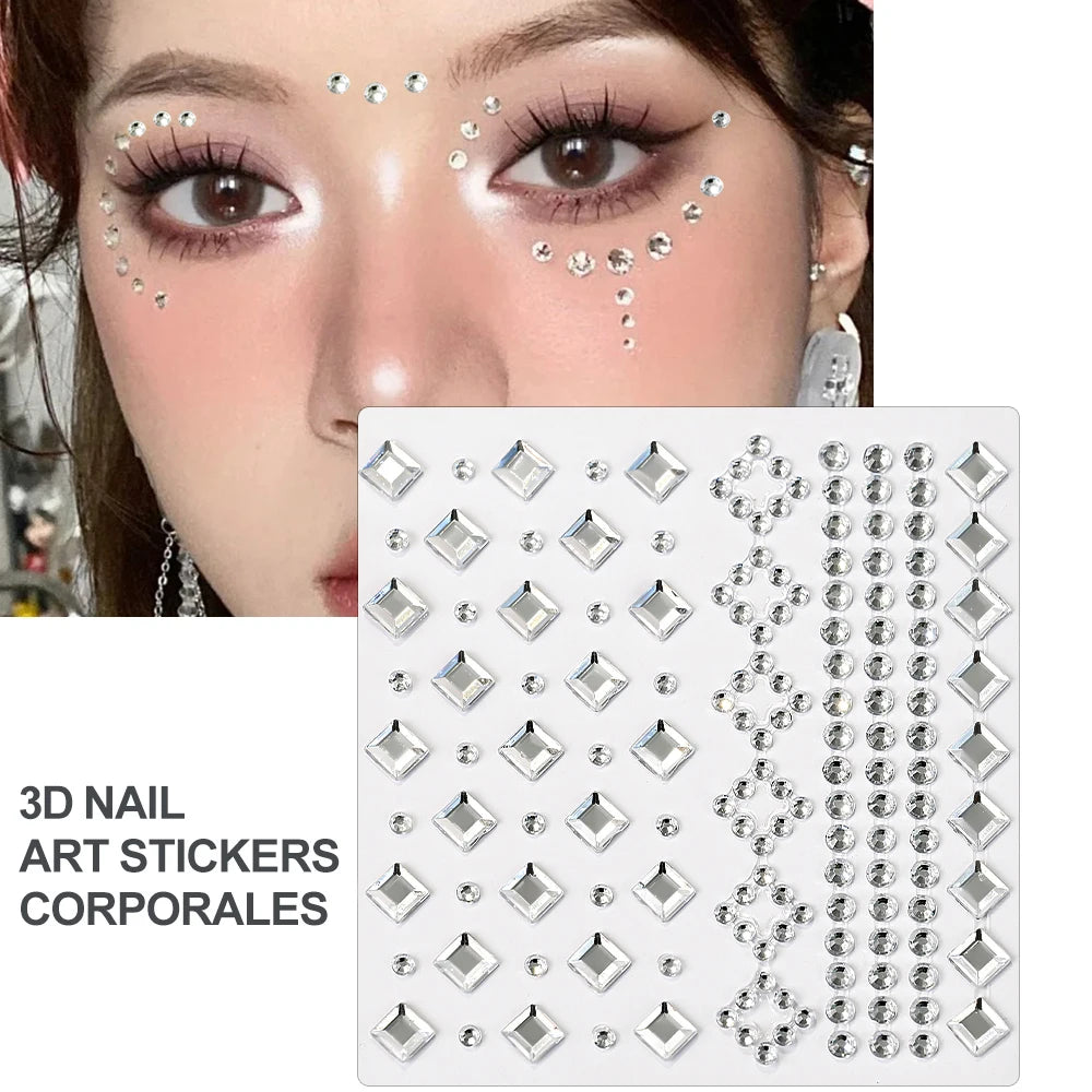 1Pcs Face Diamond Gem Sticker 5D Colorful Rhinestone Tattoo Eyeshadow Stickers fo Festival Nail Body Makeup Bling Jewel DIY Deco