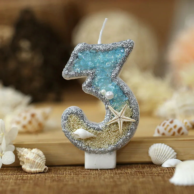 3inch Birthday Candle Large Number 4 Candle Marine style Beach Starfish Seashells Cake Topper for Kids Birthday Party Decoration