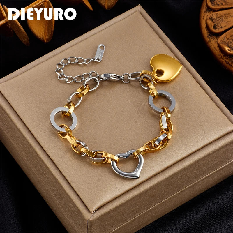 DIEYURO 316L Stainless Steel Heart Charm Bracelet For Women Hip Hop Street Trend Girls Wrist Jewelry Fashion Party Wedding Gifts
