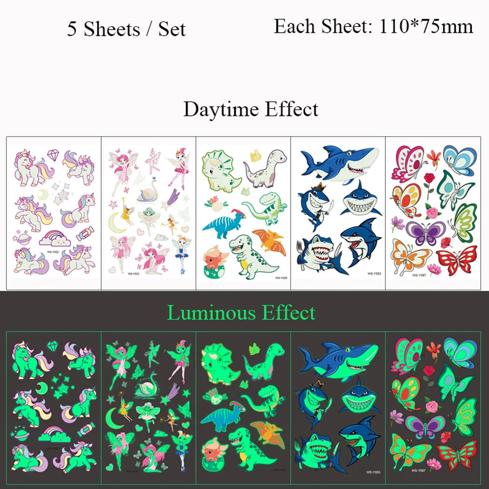 5 Sheets Luminous Tattoo Stickers Temporary Colorful Animal Dinosaur Tattoo Cute Tattoo Stickers Children's Body Tatto