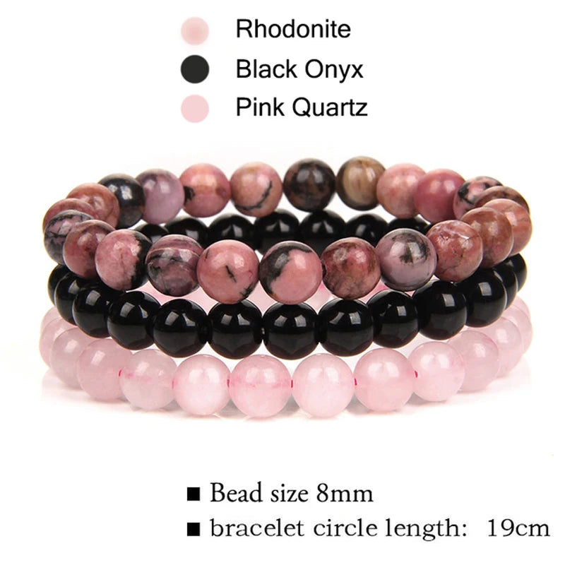 3Pcs Natural Stone Bracelet 8mm Rhodonite Rose Pink Quartzs Amethysts Hematite Bracelets For Women Men Jewelry