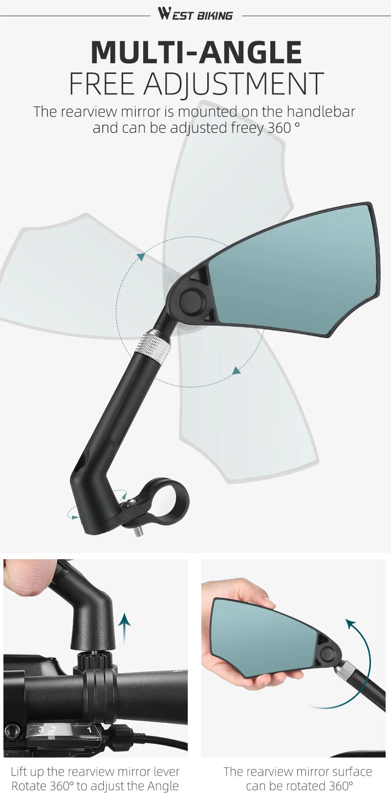 WEST BIKING Anti-Glare Bicycle Mirror Handlebar Rear View Wide Range Back Sight Reflect electric scooter Mirror bike accessories