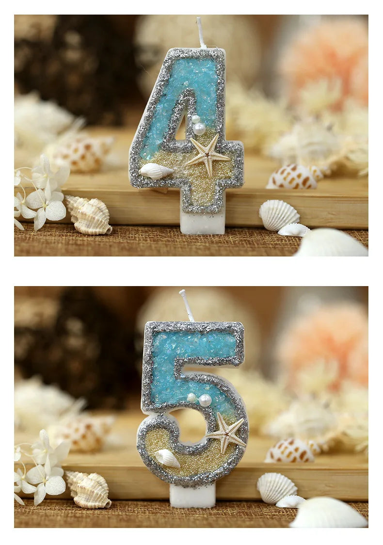 3inch Birthday Candle Large Number 4 Candle Marine style Beach Starfish Seashells Cake Topper for Kids Birthday Party Decoration