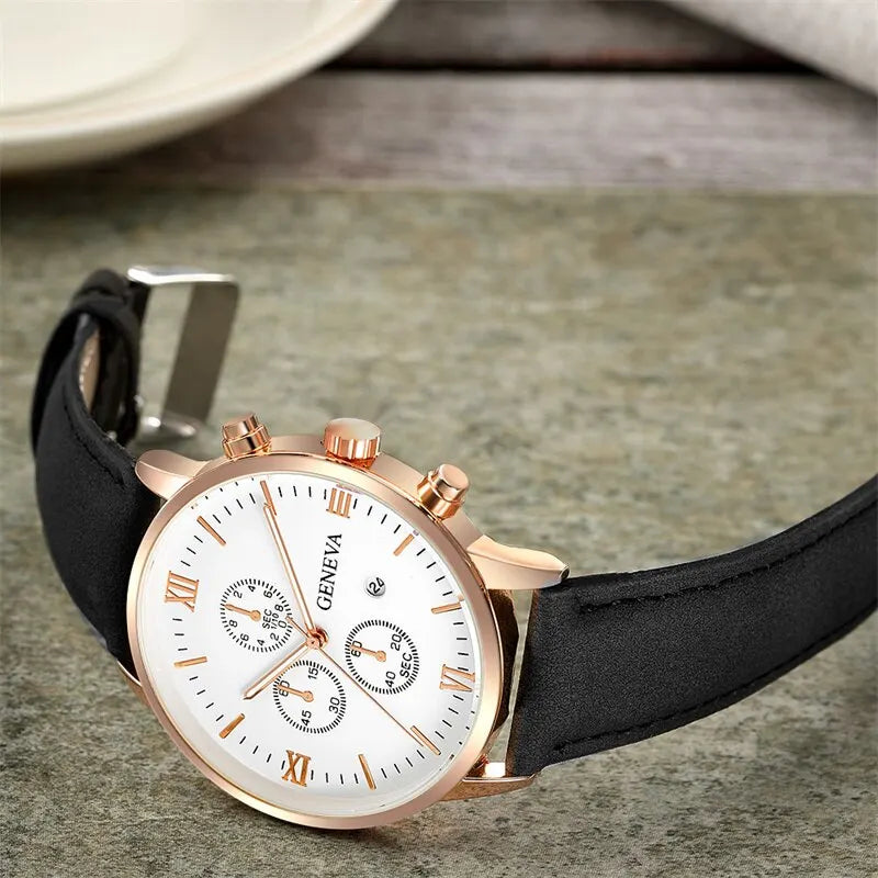 Mens Fashion Business Quartz Watch Fashion Fake Three Eye Six Pin Calendar Mens Watch Leather Belt Mens Watches