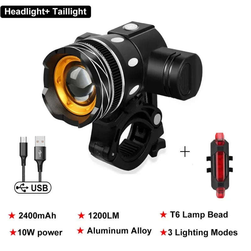 NEW T6 LED Bicycle Front Light With Taillight USB Rechargeable Lantern Zoom Bike Headlight Cycling Flashlight Bike Accessories