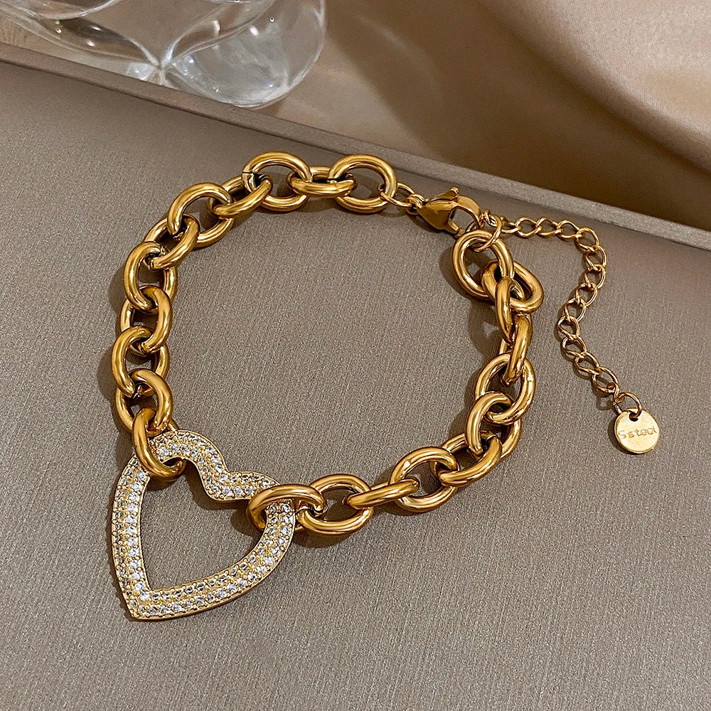 Punk Chunky Gold Color Thick Chain Stainless Steel Bracelets for Women Fashion Design Heart Love Pendant Wrist Jewelry Gift