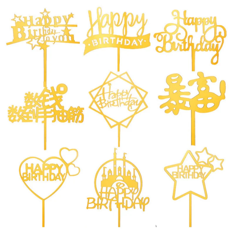 10pcs Multiple Styles Happy Birthday Cake Topper black Gold Cake Toppers Baby Shower Cake Birthday Party Cake Flag Decorations