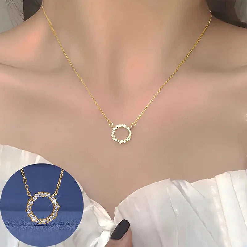 Shinning Circle Pendant Necklace Lady Engagement Jewelry with Bright Cubic Zirconia Silver Color/Gold Color Accessories