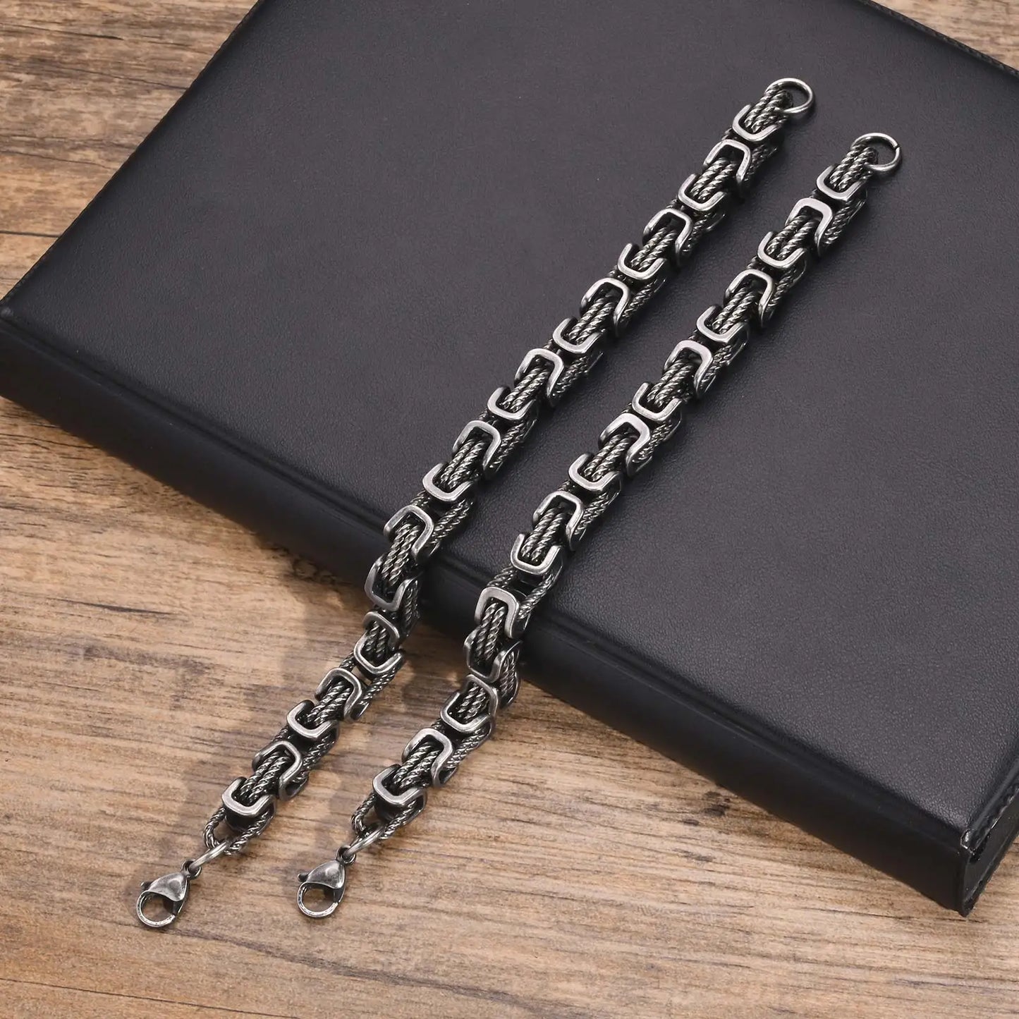Mens Chunky Byzantine Bracelets,Retro Grey 8mm Stainless Steel Braided Link Wristband,Vintage Jewelry Gift for Him Boy