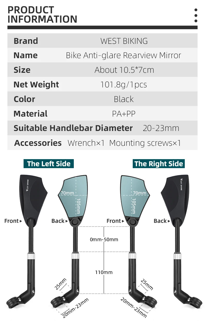 WEST BIKING Anti-Glare Bicycle Mirror Handlebar Rear View Wide Range Back Sight Reflect electric scooter Mirror bike accessories