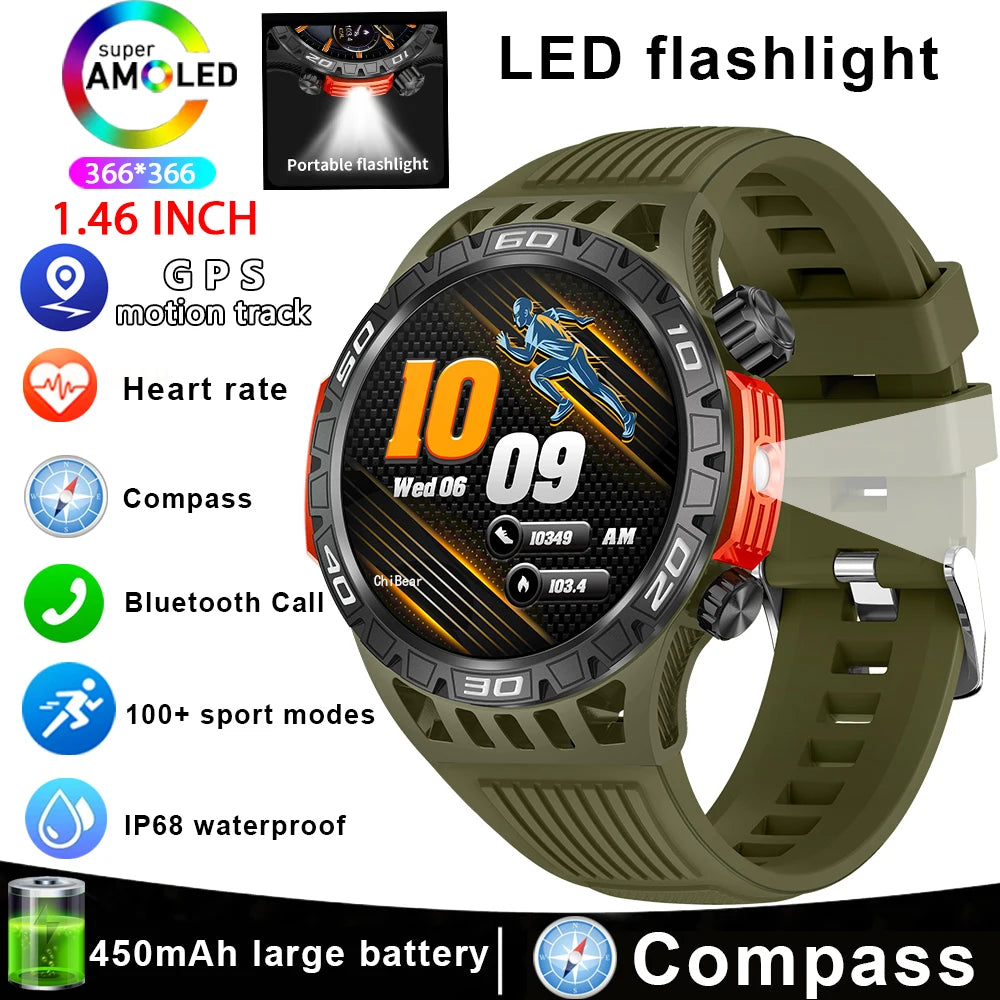Outdoor Military Smart Watch Men's With LED lighting Bluetooth Call Smartwatch 3ATM IP68 Waterproof Compass Sports Fitness Watch