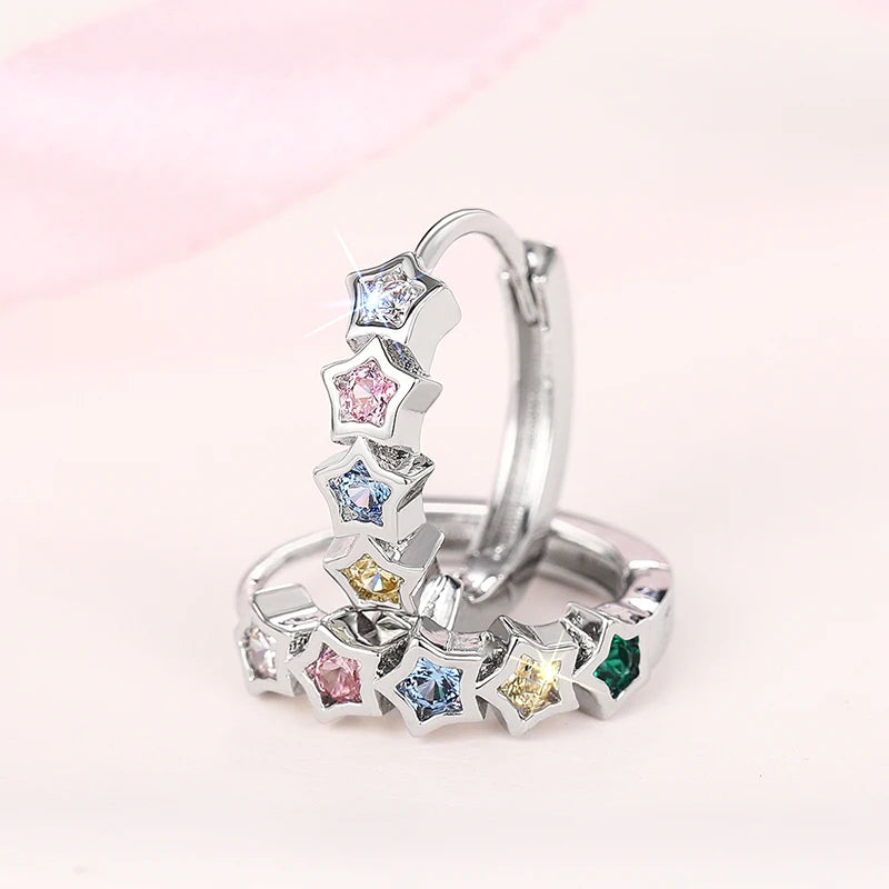 Trendy Star Hoop Circle Earrings Female Bright Rainbow Colored Zirconia Accessories Silver Color Jewelry for Daily Wear