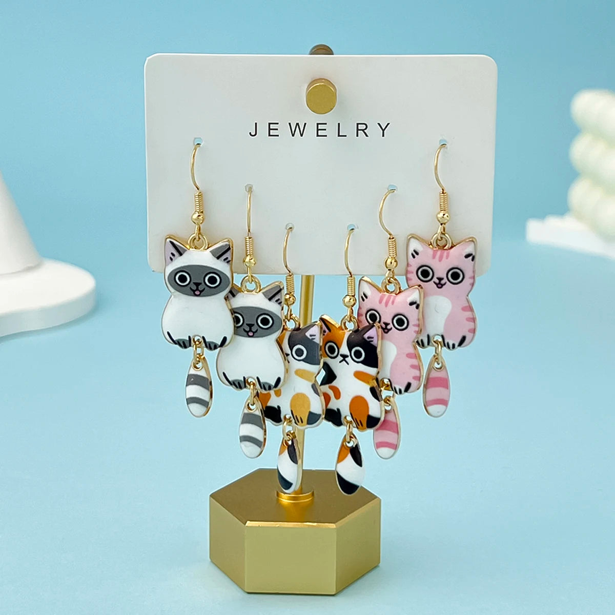 3 Pairs New Fun and Cute Enamel Alloy Hanging Tail Cat Dangle Earrings Colored Cat Ear Jewelry Set Lovely Gift For Women Girls