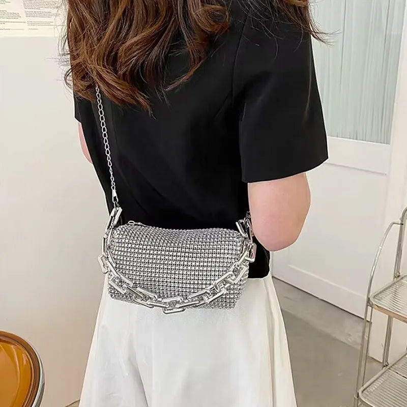 Allover Rhinestone Bucket Bag, Glitter Chain Prom Purse, Women's Mini Crossbody Bag (18cm*13cm*13cm)