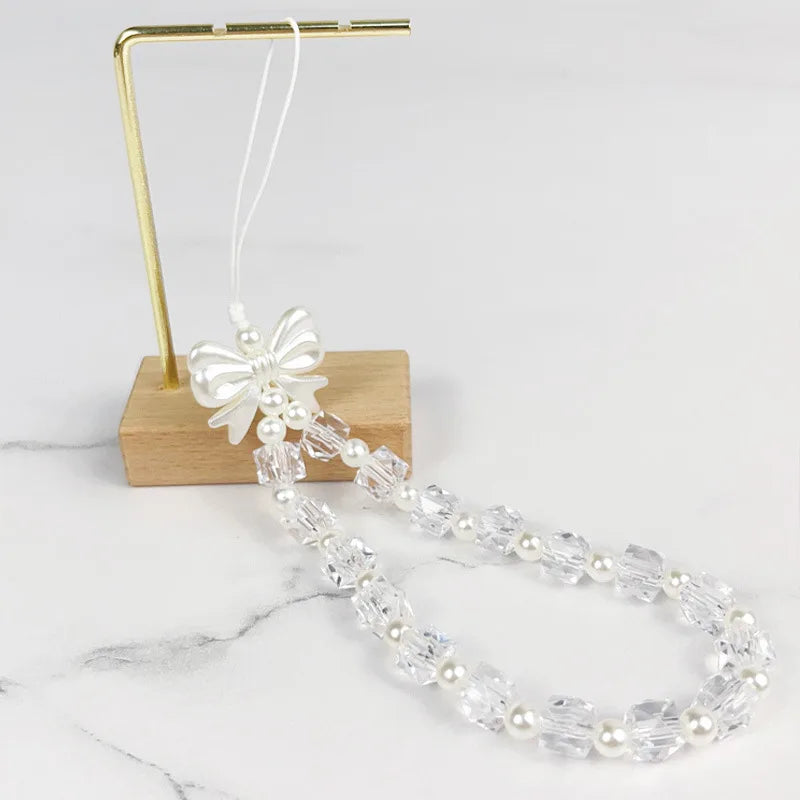 Korean Cute Charm Love Heart Bowknot Phone Chains For Women Telephone Jewelry Strap Beaded Lanyard Hanging Cord Accessories