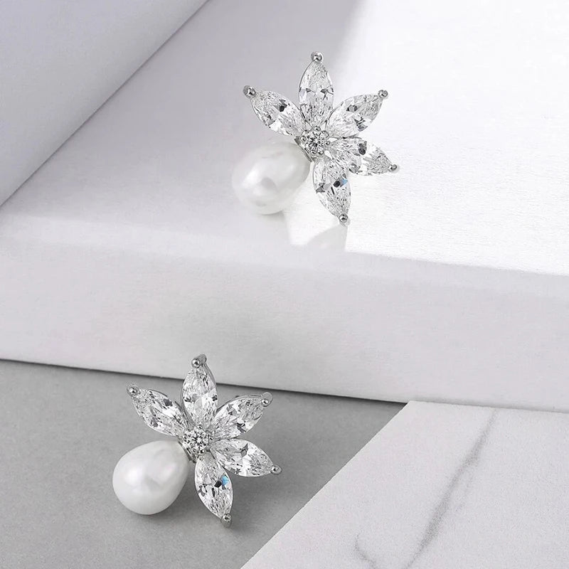 Graceful Lady Engagement Earrings Luxury Simulated Pearl Jewelry Sweet Female Wedding Accessories with Bright Zirconia