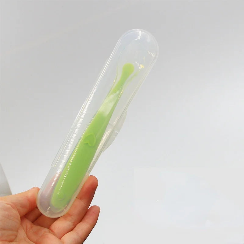 Baby Soft Silicone Spoon Soft Head Soup Spoon Baby Eating Training Spoon and Storage Box Feeding Tableware Set