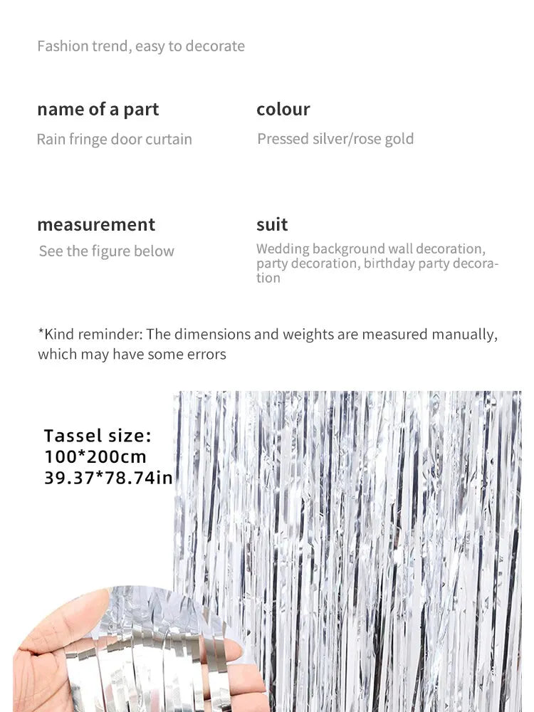 1x2M Silver Rose Gold Rain Tinsel Curtain First Happy Birthday Wedding Decoration Adult Kids Baby Boy Girl 1st One Year Decor