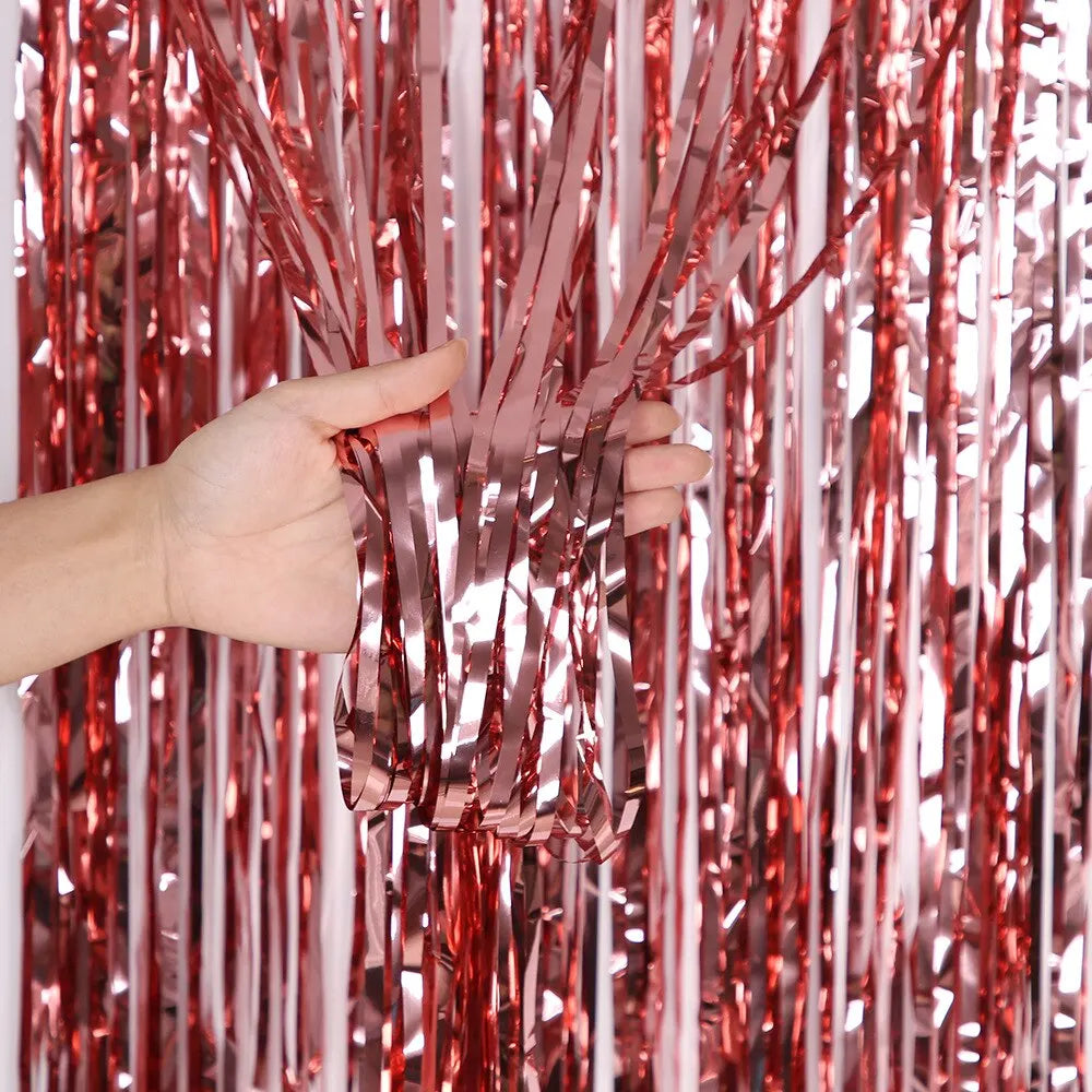 1x2M Silver Rose Gold Rain Tinsel Curtain First Happy Birthday Wedding Decoration Adult Kids Baby Boy Girl 1st One Year Decor