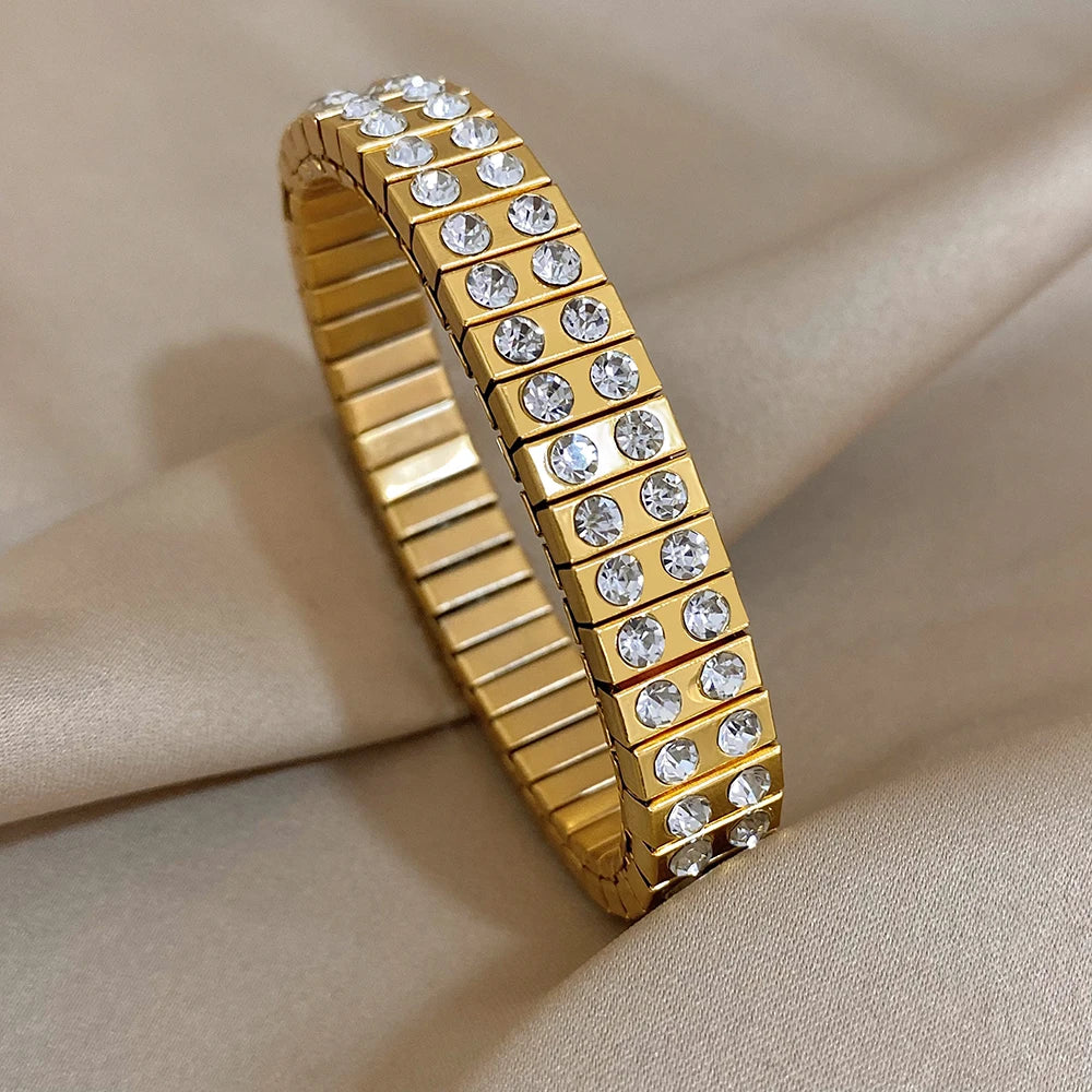 AENSOA Vintage Elasticity Stainless Steel Bangles Bracelet for Women Classic Heart Square Adjustable Wristband Waterproof Bangle