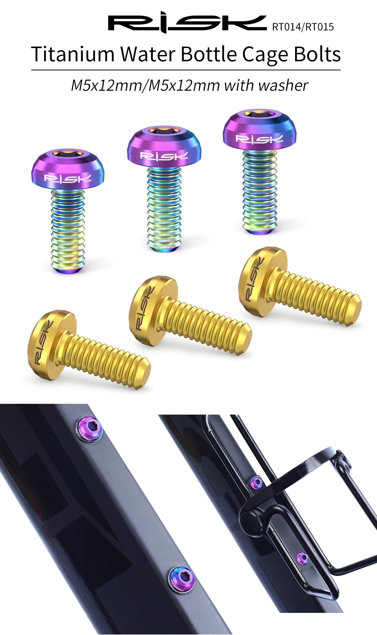 Risk M5x12mm Bike Water Bottle Cage Fixing Bolts Titanium Alloy MTB Road Bicycle Bottle Holder Screws Air Pump Fixed Bolts