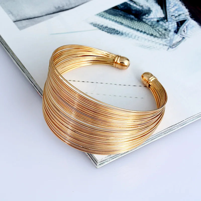 1PC Retro Gold Multi Layer Open Wide Cuffs Women's Punk Metal Adjustable Personalized Bracelet Jewelry Outdoor Party Gift-5034