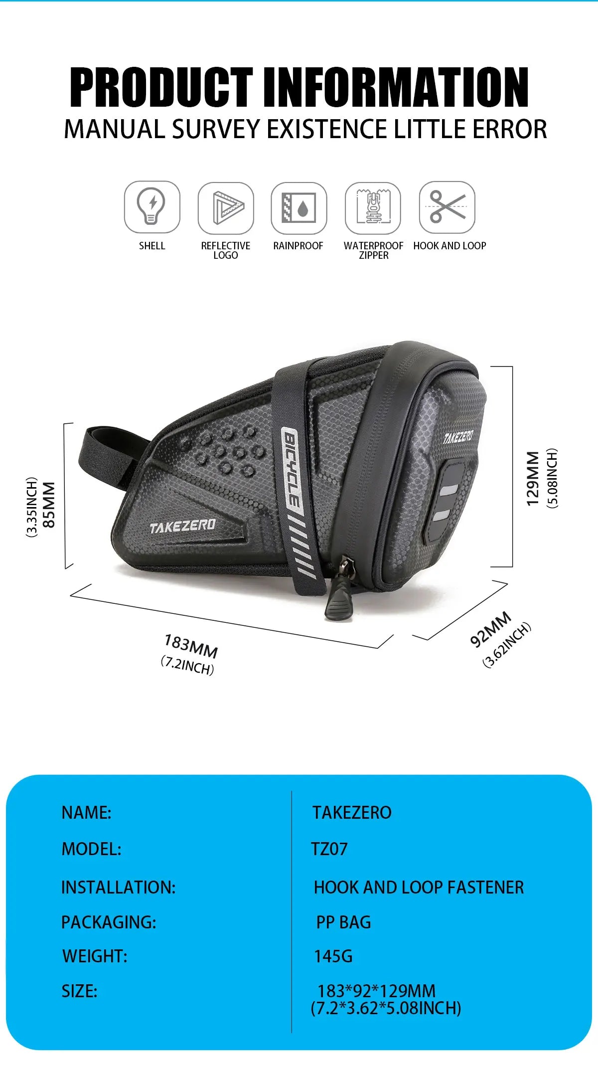TAKEZERO TZ07 Bicycle Tail Bag Saddle Bag Mountain Bike EVA Hard Shell Road Bike Rear Bag Riding Equipment Accessories