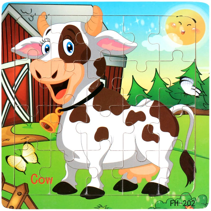 Baby Toys 20Piece Wooden Puzzle Cartoon Animal Vehicle 3D Jigsaw Puzzle Game Montessori Educational Toys For Children Gifts