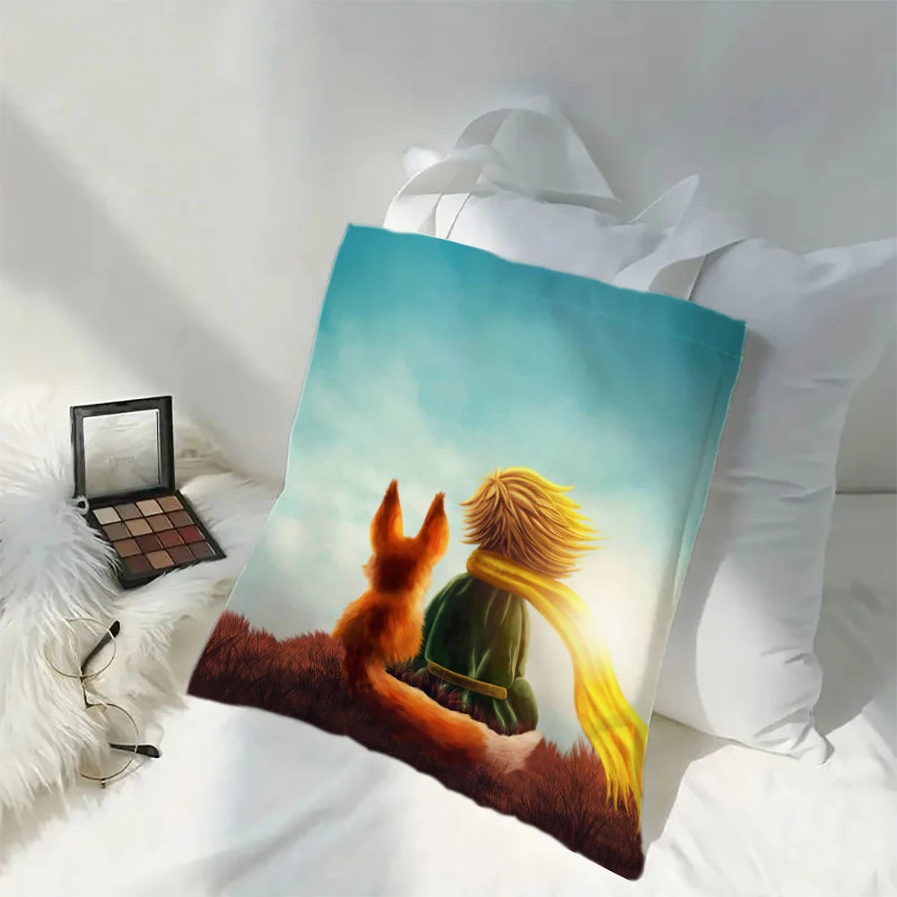 Linen Bag The Little Prince Series Print Lightweight Shoulder Bag Versatile Shopping Bag Holder Handbag