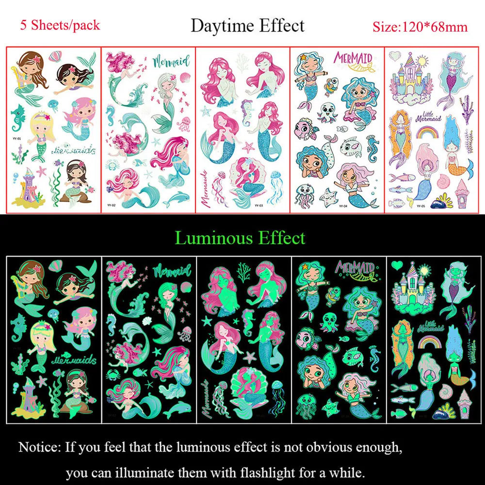 5 Sheets Luminous Tattoo Stickers Temporary Colorful Animal Dinosaur Tattoo Cute Tattoo Stickers Children's Body Tatto