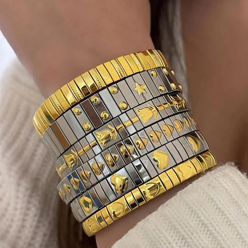 AENSOA Vintage Elasticity Stainless Steel Bangles Bracelet for Women Classic Heart Square Adjustable Wristband Waterproof Bangle