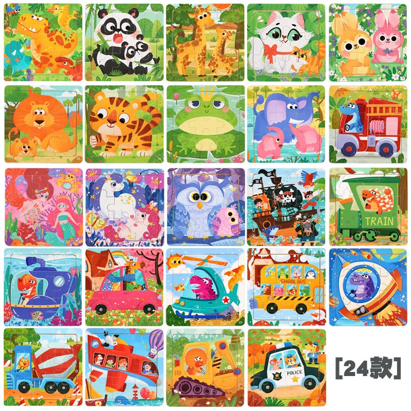 9 Piece Small Wooden Puzzle Cartoon Animal Vehicle 11x11cm Wood 3d Puzzle Montessori Educational Toys For Kids Gifts