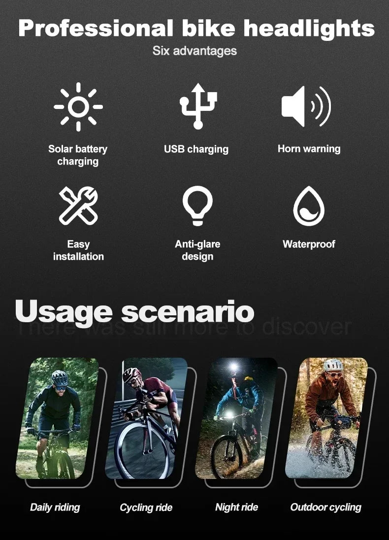 Bicycle Front Light USB Rechargeable with 120dB Horn Highlight Mtb Road Bike Headlight Night Riding Warning Lamp Cycling Light