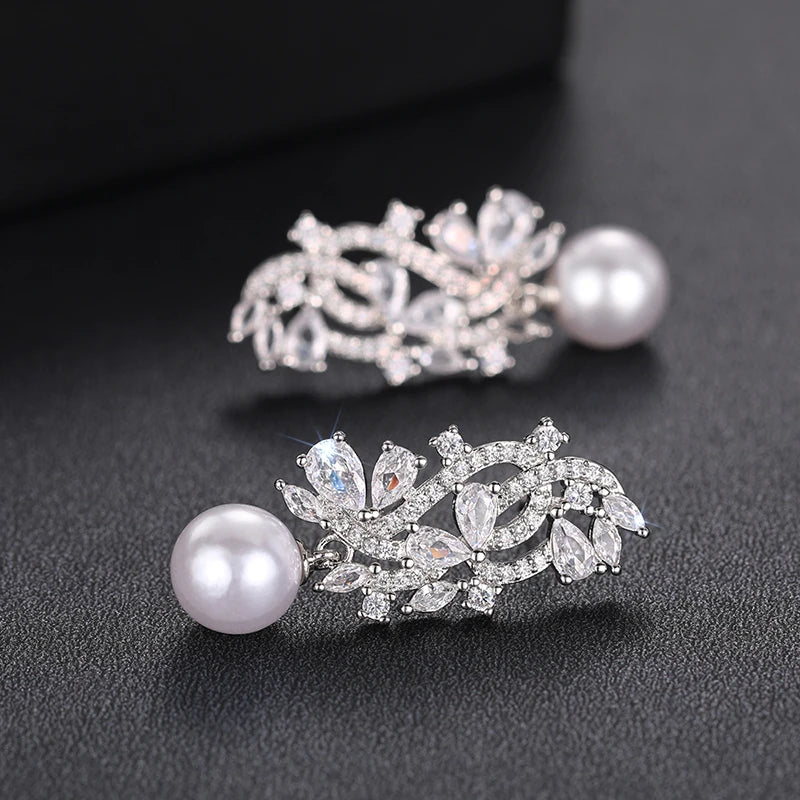 Elegant Lady Wedding Earrings with Simulated Pearl Graceful Accessories for Engagement Brilliant Zirconia Pendant Jewelry