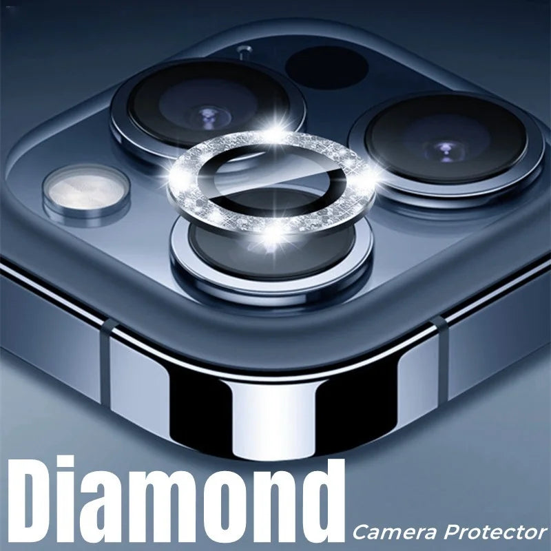 1set Glitter Bling Camera Protector for iPhone 15 14 13 12 11 Pro Max Plus Shinny Metal Ring Lens Tempered Glass lens Cover