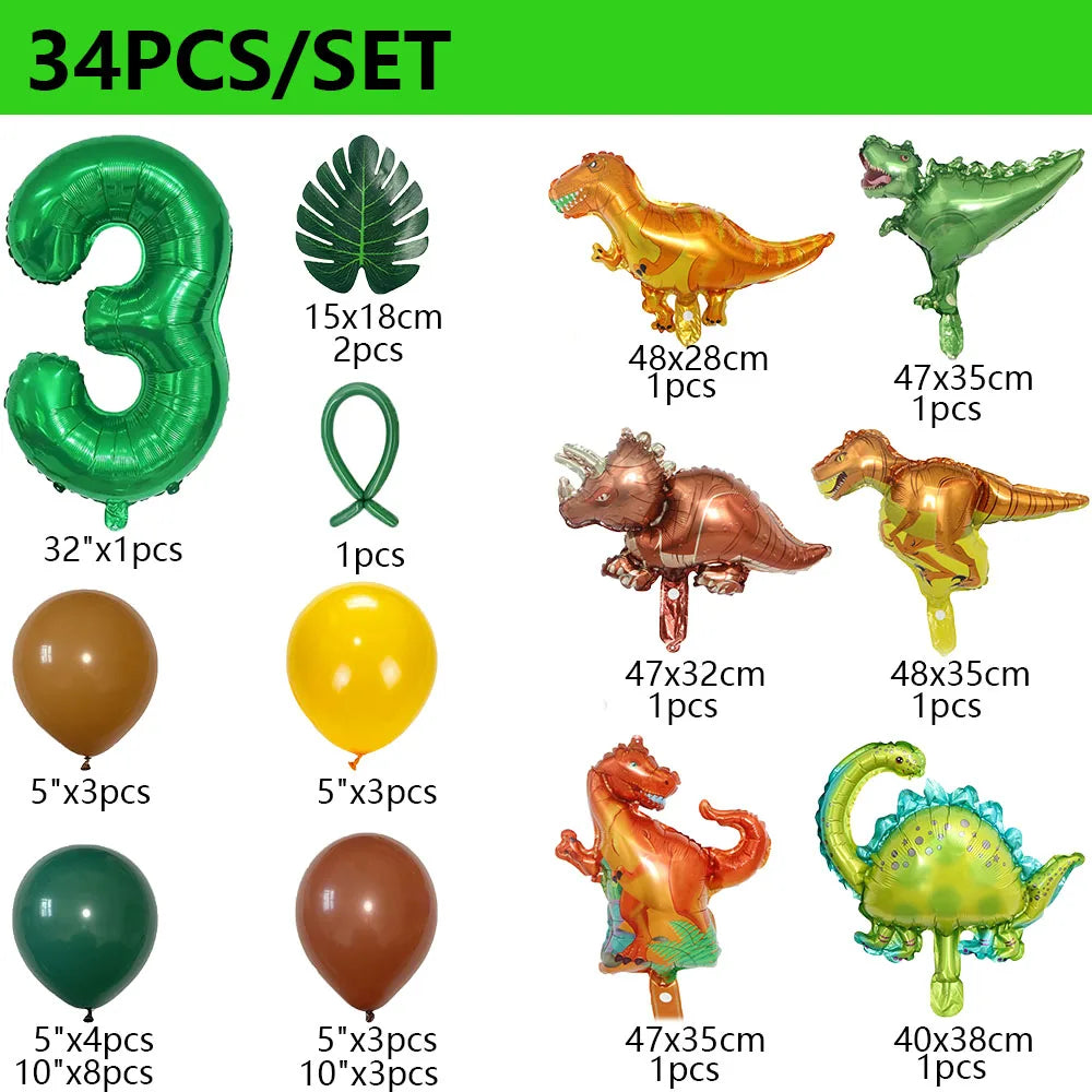 34Pcs 1 2 3 Years Dinosaur Birthday Party Dino Balloons Palm Leaf Set First Bthday Boy Party Kids Baby Shower Jungle Safari Deco